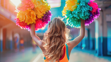 Close-Up of Cheerleader Girls Performing with Pompoms