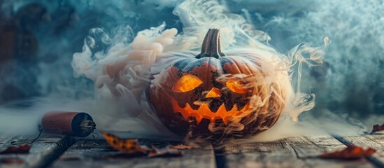 A detailed view of a pumpkin with smoke rising from it, creating a spooky and atmospheric effect