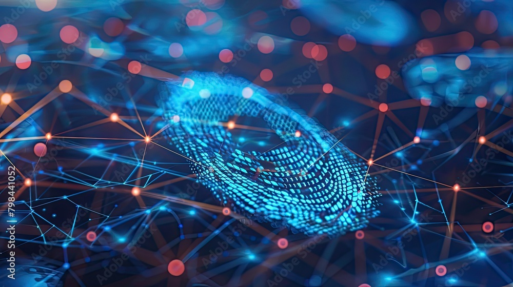 Poster a blue and red image of a fingerprint with a lot of lines and dots