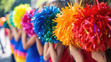 Close-Up of Cheerleader Girls Performing with Pompoms