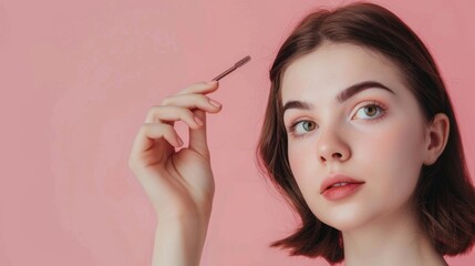 Fototapeta premium Young female applying eyebrow pencil for beauty fashion style isolated background