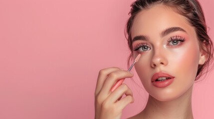 Young female applying mascara for beauty fashion style isolated background