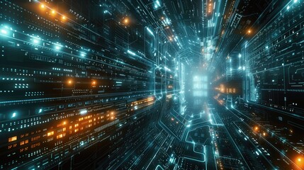 Obraz premium A computer generated image of a futuristic cityscape with a bright blue sky