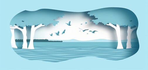 Serene Paper Art Seascape with Flying Birds.
