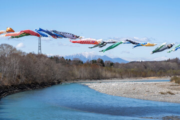 川の上を泳ぐこいのぼりと青空