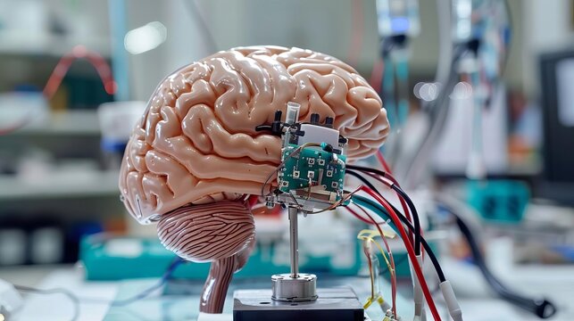 A close up of a brain with a circuit board attached to it.