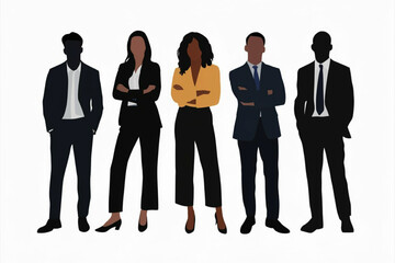A group of colleagues standing together proudly, business people silhouettes on white background, business team