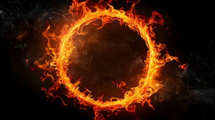 Fototapeta premium A circular ring of fire on a black background, with smoke swirling around it, creating an intense and dramatic effect. The flames create the shape of a circle. 