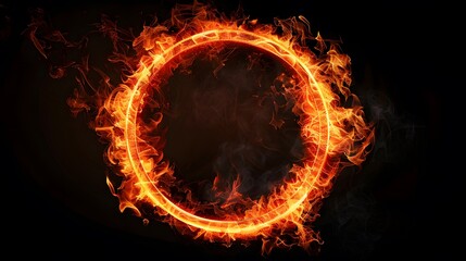 A circular ring of fire on a black background, with smoke swirling around it, creating an intense and dramatic effect. The flames create the shape of a circle. 