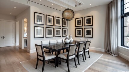 Modern home dining room interior with white walls decorated with photo frames, chairs and dining table, wooden vinyl floor. Interior design decoration.