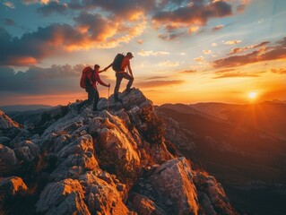 Fototapeta premium At sunrise, climbers climb the mountain peak, silhouetted