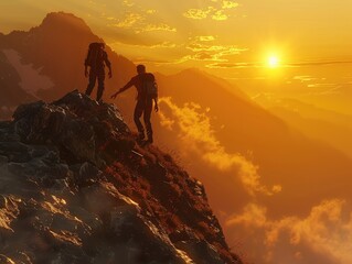 At sunrise, climbers climb the mountain peak, silhouetted