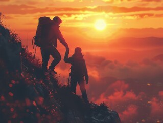Obraz premium At sunrise, climbers climb the mountain peak, silhouetted