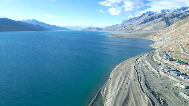 Mountain lake Pangong, aerial view of the Himalayas, Ladakh drone video