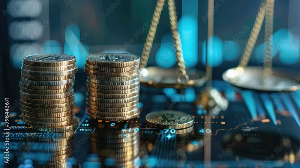 Poster a stack of coins and a balance scale are on a computer screen