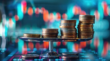 A stack of coins on a scale with a blurry background
