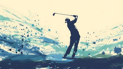 watercolor style illustration. Silhouette scene of a golfer teeing off.