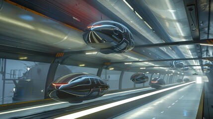 A futuristic train station with three hovercrafts flying through the air