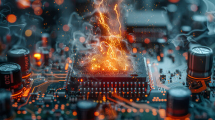 A conceptual image of a burning computer chip on a motherboard, symbolizing overheating or electronic failure.