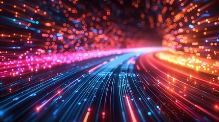 A colorful, glowing, and abstract image of a road with a bright blue line - obrazy, fototapety, plakaty