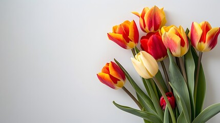 A bouquet of tulips on a white background, with some red and yellow flowers. For Design, Background, Cover, Poster, Banner, PPT, KV design, Wallpaper - obrazy, fototapety, plakaty