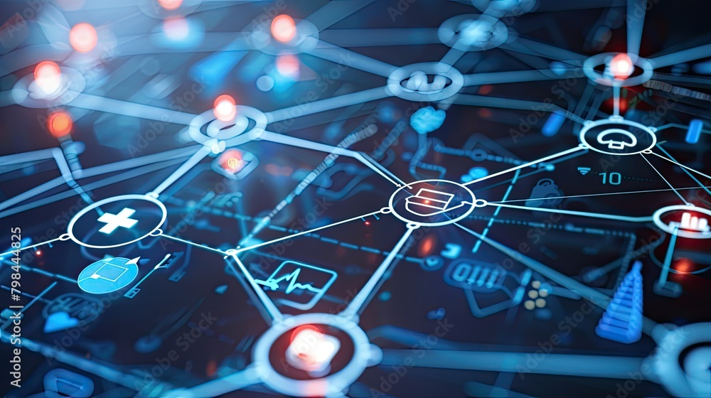 Poster a network of blue and red lines with a lot of different icons and symbols