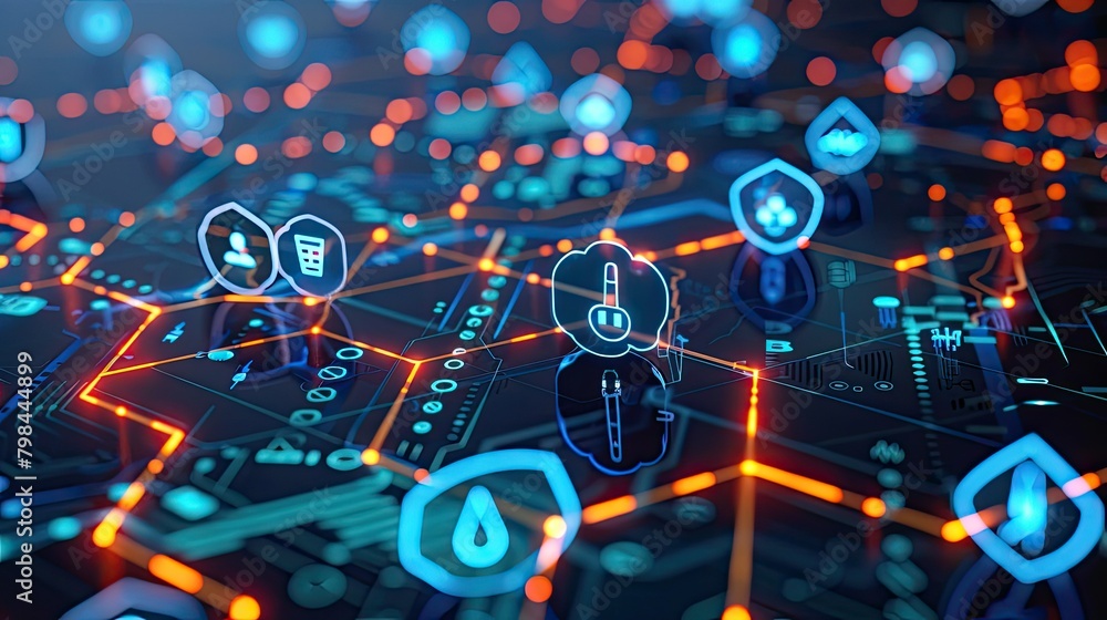 Poster a computer screen with many icons and a blue and orange background