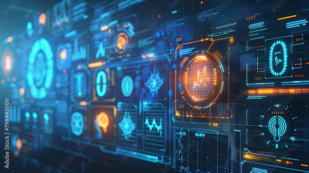 Poster a computer screen with many different icons and numbers