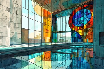 An illustration of a contemporary stained glass piece in a modern architectural setting