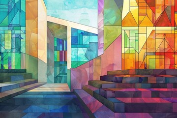 An illustration of a contemporary stained glass piece in a modern architectural setting