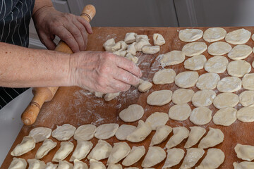 Woman hands are making a damp dumpling. 