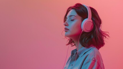 Young female pink wearing headphone listening music feeling happy