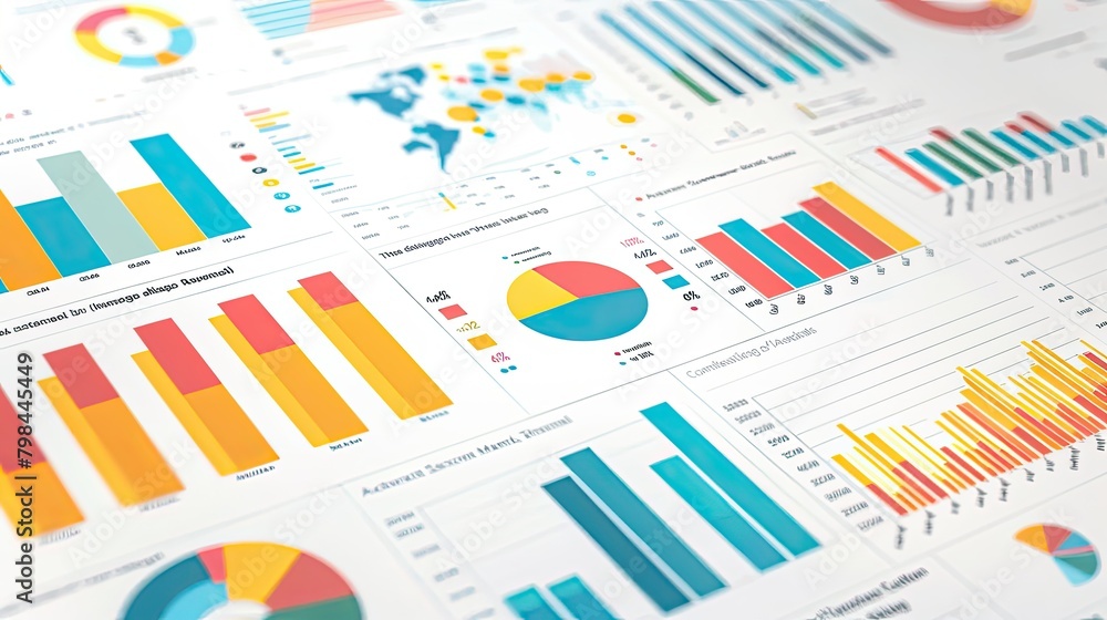 Poster a colorful chart with many different colored bars and pie charts