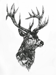 A Black and White Geometric Pattern of a Deer Head on a White Background