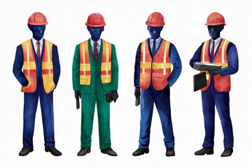 Obraz premium group of workers on white background, a group of workers in uniform and helmet 