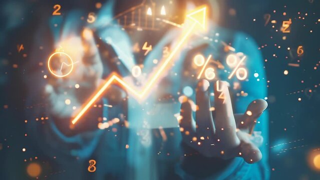 Hands hold glowing arrows and percentage signs, representing financial growth, profitable investments, and positive returns. Vibrant image symbolizes success in business or stock market.
