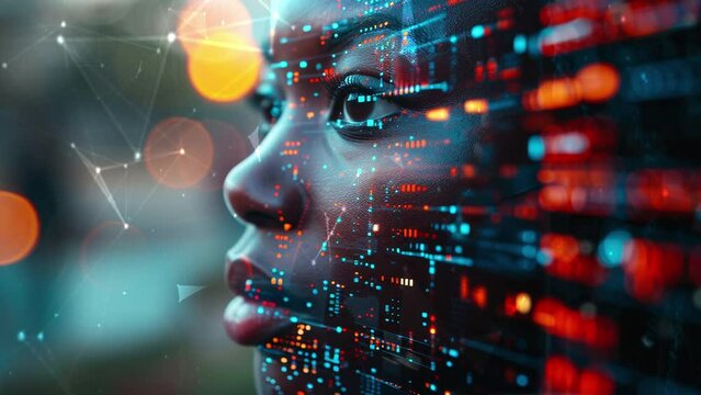 Black woman cyber security expert. With AI code illusminated overlay around her. Working in a data center. Female Computer Engineer. Background with flying patterns. Generate AI.