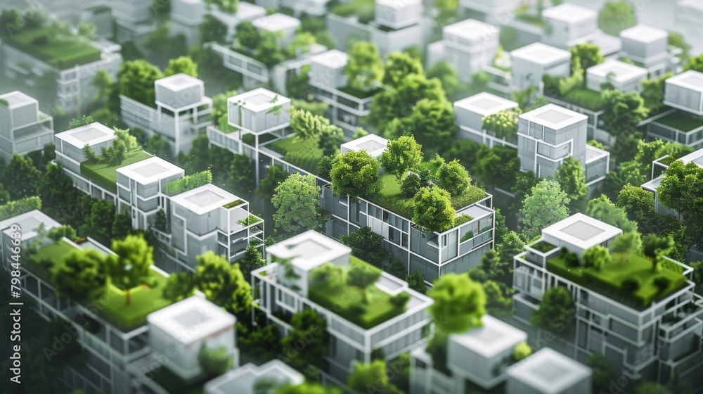 Poster a concept art of a city with green spaces integrated into every block showcasing the idea of making 