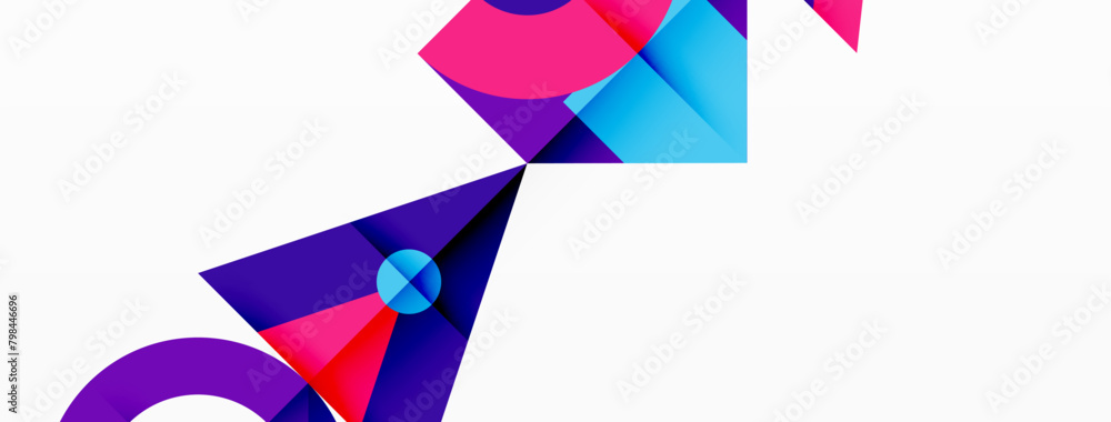 Poster a vibrant geometric design featuring rectangles and triangles in shades of violet, magenta, and elec