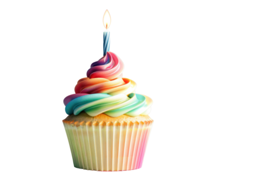 photorealistic image of a single cupcake with a vibrant rainbow swirl frosting, decorated with a single lit birthday candle. Isolated on white background