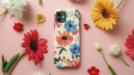 A mobile phone case covered in a playful and colorful design of various spring flowers bringing a touch of nature to a modern accessory..