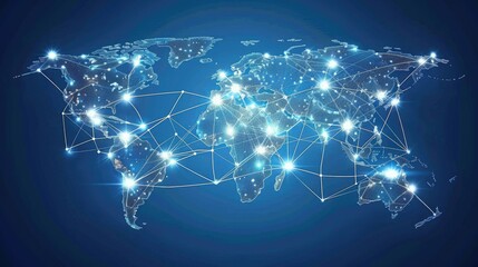 A blue background with a globe and a network of lines connecting it