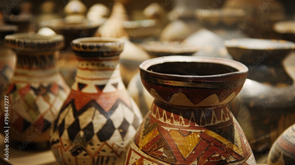 Poster A collection of pottery pieces on display each one representing the unique story and personal journey of the creator..
