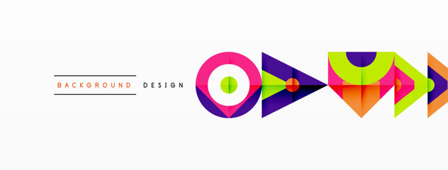 A colorful graphic featuring the word O in a vibrant magenta font within a rectangle, surrounded by various shapes such as triangles, circles, and a logo, in a dynamic and visually appealing design