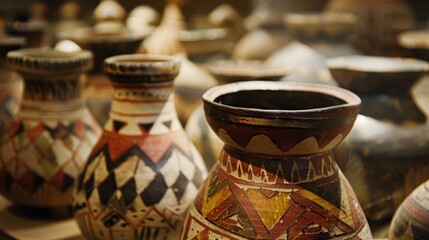 A collection of pottery pieces on display each one representing the unique story and personal journey of the creator..
