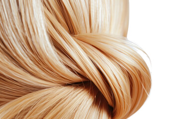 A close-up of a blonde girl's hair, each strand glistening with health and vitality. ,Isolated on white background