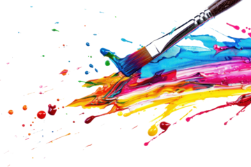 A close-up shot of a paintbrush tip, releasing a vibrant stream of color that drips and splatters across the canvas. ,Isolated on white background