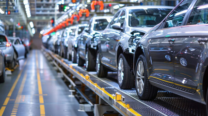 Obraz premium Mass Production Process, Assembly Line of Contemporary Cars in Factory