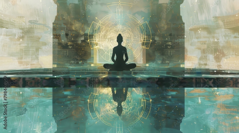 Poster the final image features a reflecting pool with crystal clear water mirroring a figure sitting on it