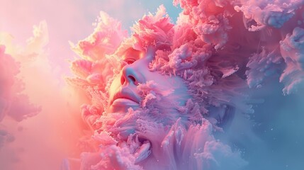 A beautiful woman's face is made of pink clouds. - obrazy, fototapety, plakaty